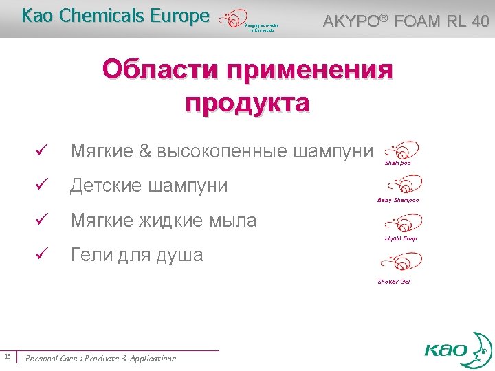 Kao Chemicals Europe Bringing new value to Chemicals AKYPO® FOAM RL 40 Области применения