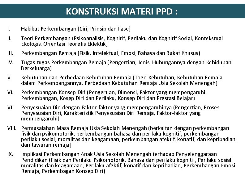 KONSTRUKSI MATERI PPD : I. Hakikat Perkembangan (Ciri, Prinsip dan Fase) II. Teori Perkembangan