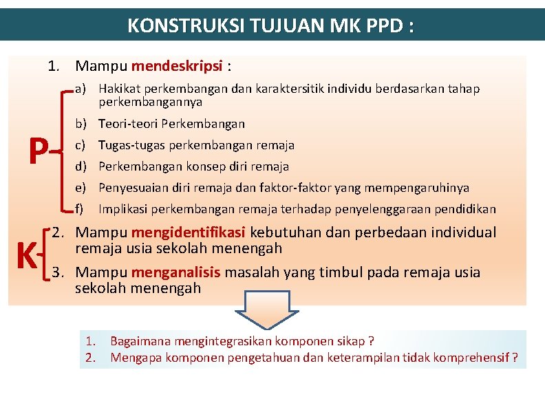 KONSTRUKSI TUJUAN MK PPD : 1. Mampu mendeskripsi : a) Hakikat perkembangan dan karaktersitik