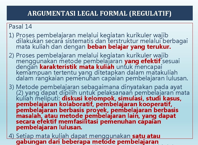 ARGUMENTASI LEGAL FORMAL (REGULATIF) Pasal 14 1) Proses pembelajaran melalui kegiatan kurikuler wajib dilakukan