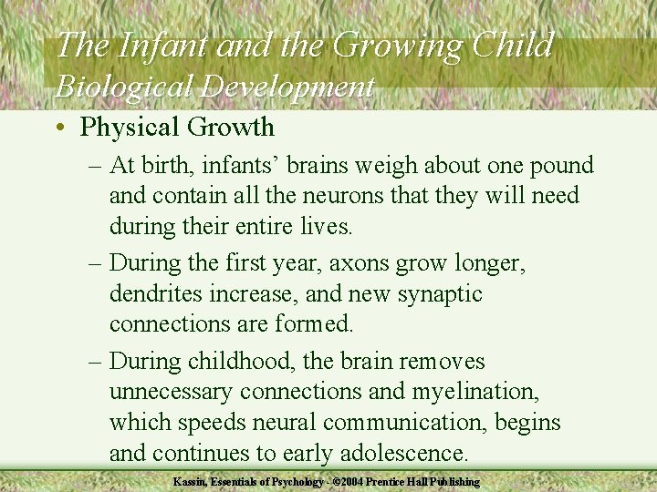 The Infant and the Growing Child Biological Development • Physical Growth – At birth,