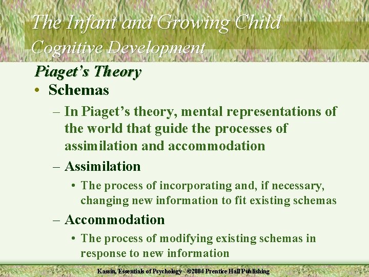 The Infant and Growing Child Cognitive Development Piaget’s Theory • Schemas – In Piaget’s