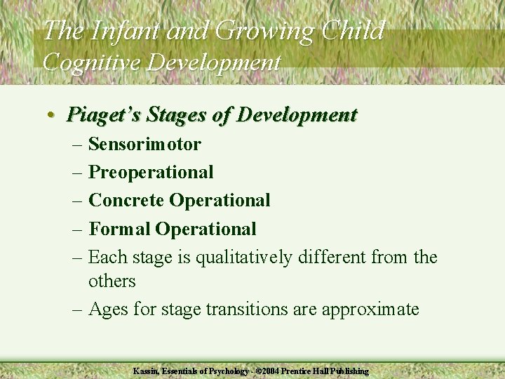 The Infant and Growing Child Cognitive Development • Piaget’s Stages of Development – Sensorimotor