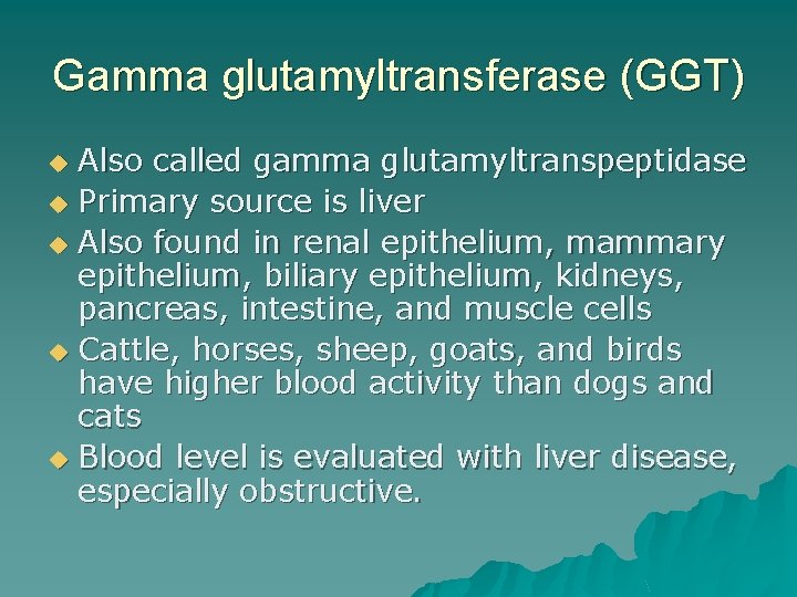 Gamma glutamyltransferase (GGT) Also called gamma glutamyltranspeptidase u Primary source is liver u Also