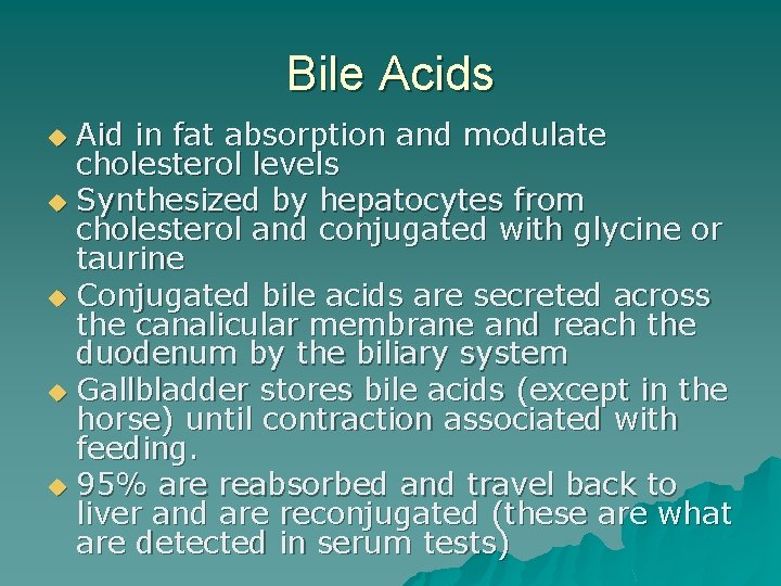 Bile Acids Aid in fat absorption and modulate cholesterol levels u Synthesized by hepatocytes