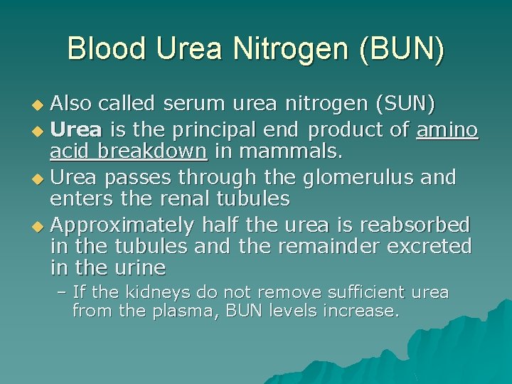 Blood Urea Nitrogen (BUN) Also called serum urea nitrogen (SUN) u Urea is the