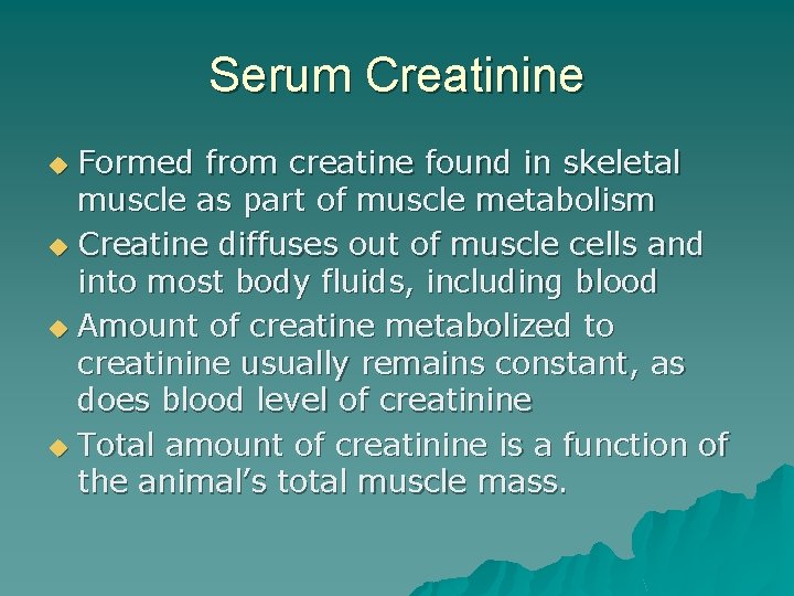 Serum Creatinine Formed from creatine found in skeletal muscle as part of muscle metabolism
