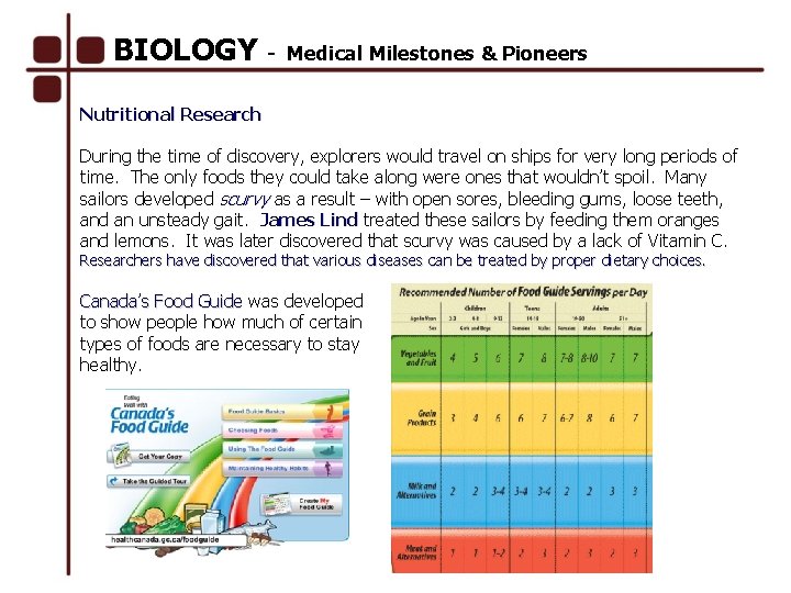 BIOLOGY - Medical Milestones & Pioneers Nutritional Research During the time of discovery, explorers