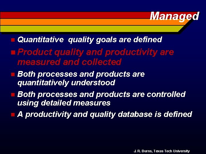 Managed n Quantitative quality goals are defined n Product quality and productivity are measured