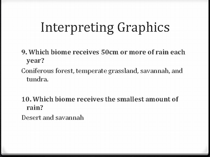 Interpreting Graphics 9. Which biome receives 50 cm or more of rain each year?