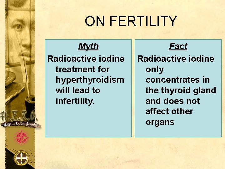 ON FERTILITY Myth Radioactive iodine treatment for hyperthyroidism will lead to infertility. Fact Radioactive
