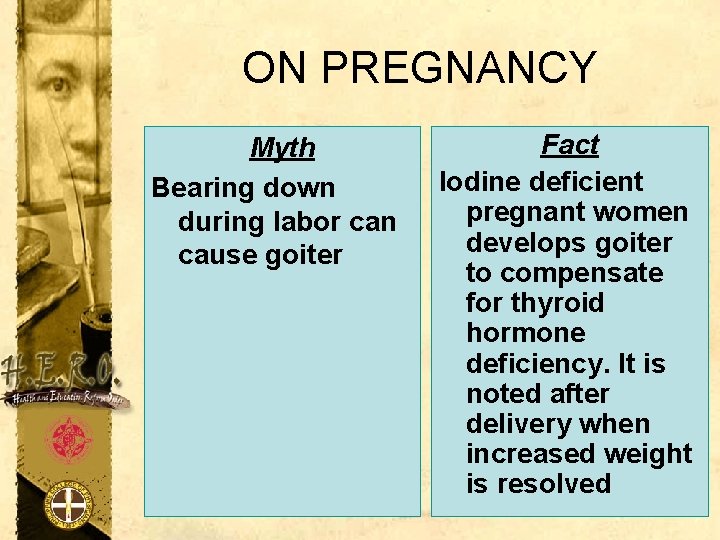 ON PREGNANCY Myth Bearing down during labor can cause goiter Fact Iodine deficient pregnant