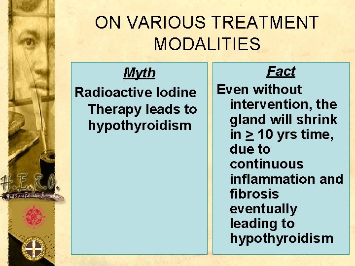 ON VARIOUS TREATMENT MODALITIES Myth Radioactive Iodine Therapy leads to hypothyroidism Fact Even without