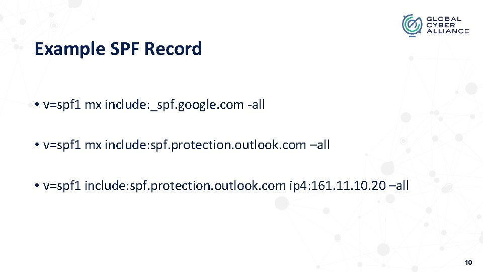 Example SPF Record • v=spf 1 mx include: _spf. google. com -all • v=spf
