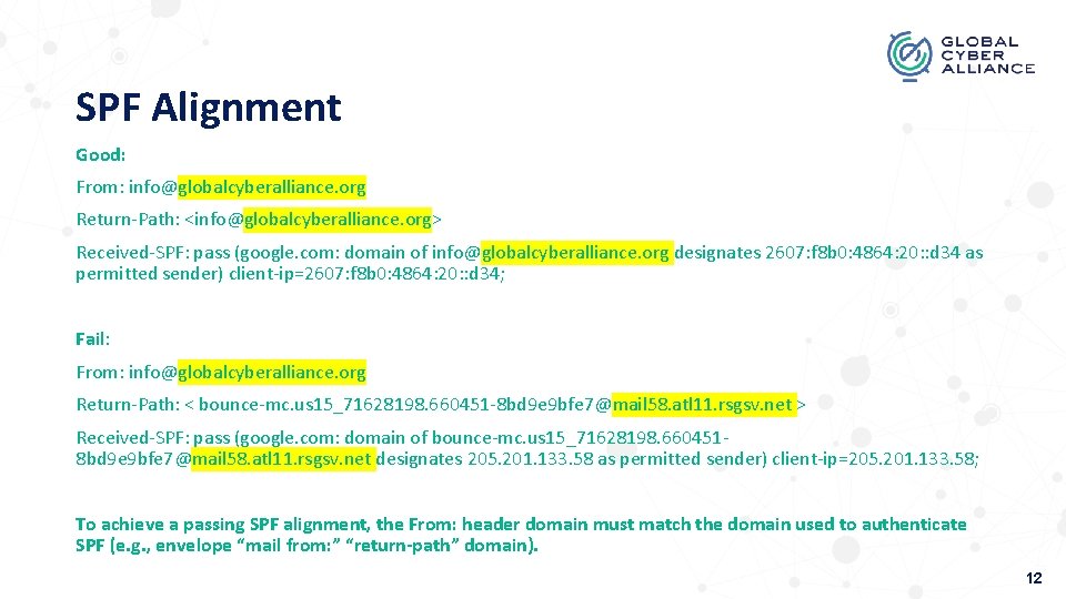 SPF Alignment Good: From: info@globalcyberalliance. org Return-Path: <info@globalcyberalliance. org> Received-SPF: pass (google. com: domain