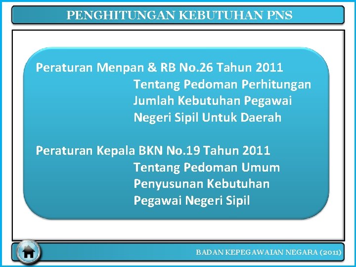 PENGHITUNGAN KEBUTUHAN PNS Peraturan Menpan & RB No. 26 Tahun 2011 Tentang Pedoman Perhitungan