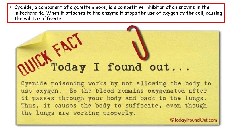  • Cyanide, a component of cigarette smoke, is a competitive inhibitor of an