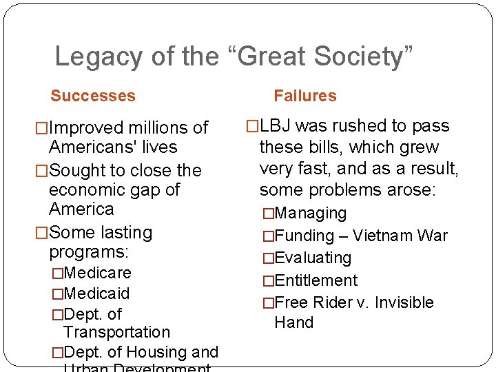 Legacy of the “Great Society” Successes �Improved millions of Americans' lives �Sought to close