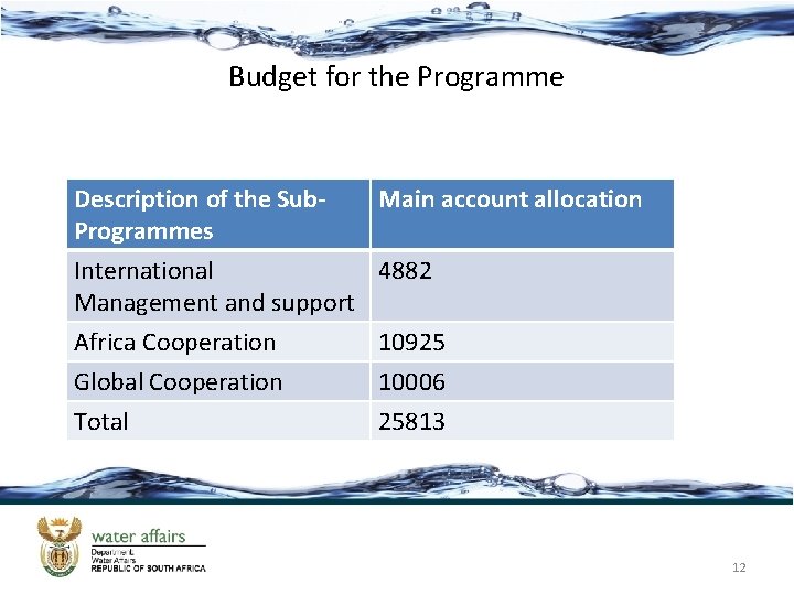 Budget for the Programme Description of the Sub. Programmes Main account allocation International 4882