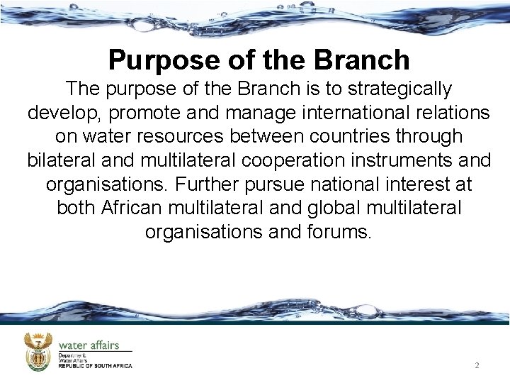 Purpose of the Branch The purpose of the Branch is to strategically develop, promote