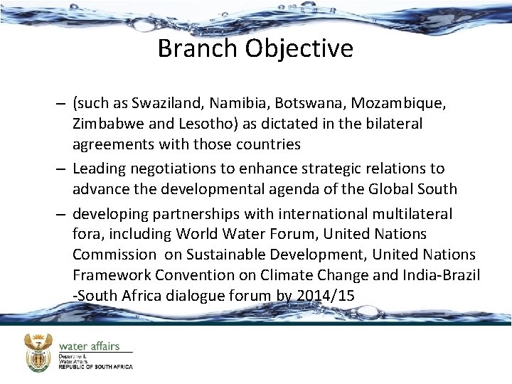 Branch Objective – (such as Swaziland, Namibia, Botswana, Mozambique, Zimbabwe and Lesotho) as dictated