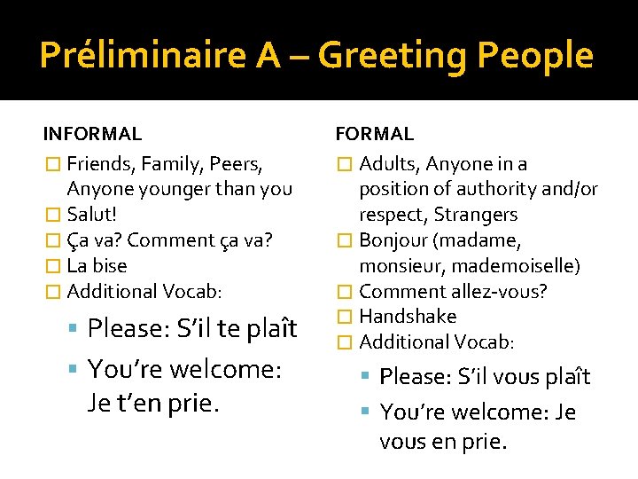 Préliminaire A – Greeting People INFORMAL � Friends, Family, Peers, Anyone younger than you