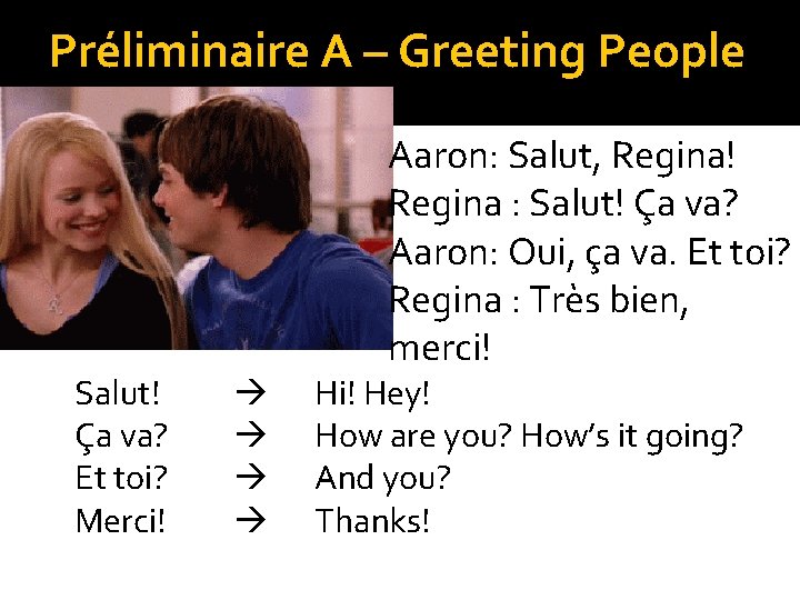 Préliminaire A – Greeting People Salut! Ça va? Et toi? Merci! Aaron: Salut, Regina!