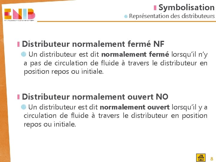 Symbolisation Représentation des distributeurs Distributeur normalement fermé NF Un distributeur est dit normalement fermé