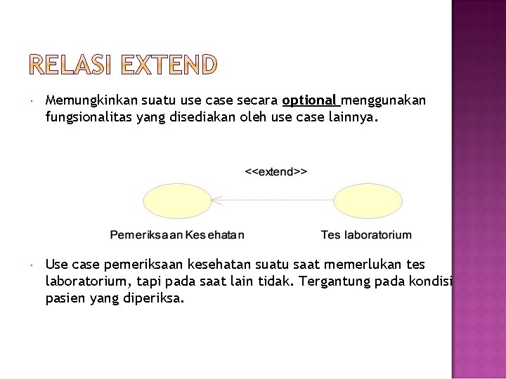  Memungkinkan suatu use case secara optional menggunakan fungsionalitas yang disediakan oleh use case