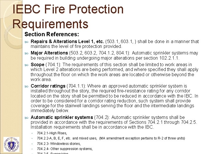 IEBC Fire Protection Requirements Section References: Repairs & Alterations Level 1, etc. (503. 1,