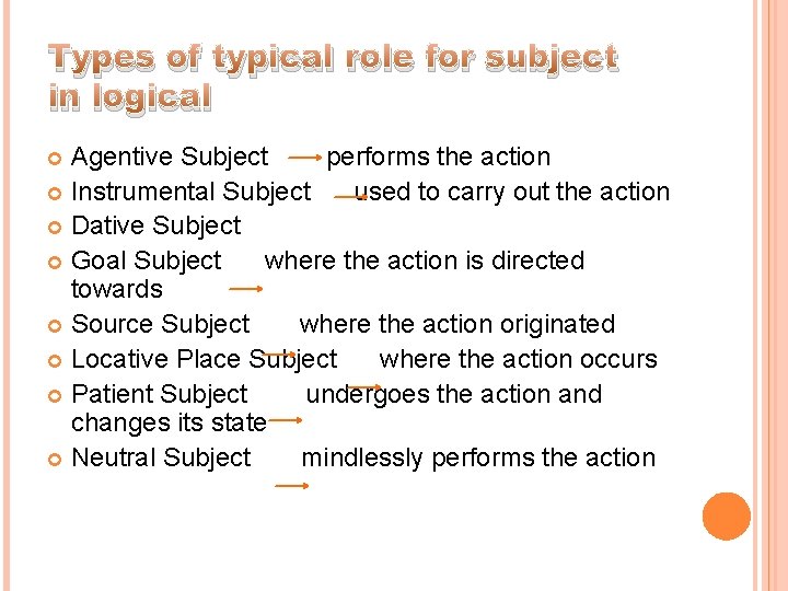 Types of typical role for subject in logical Agentive Subject performs the action Instrumental
