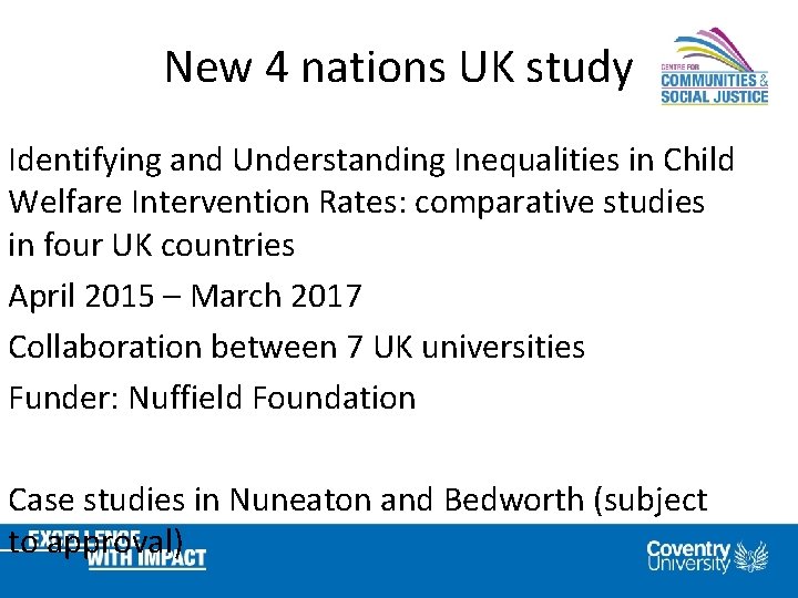 New 4 nations UK study Identifying and Understanding Inequalities in Child Welfare Intervention Rates:
