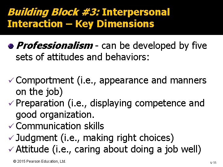 Building Block #3: Interpersonal Interaction – Key Dimensions Professionalism - can be developed by