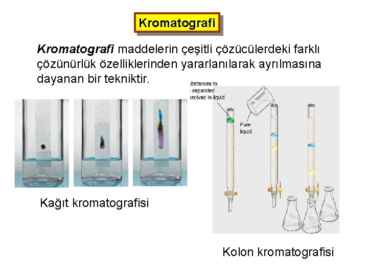 Kromatografi maddelerin çeşitli çözücülerdeki farklı çözünürlük özelliklerinden yararlanılarak ayrılmasına dayanan bir tekniktir. Kağıt kromatografisi