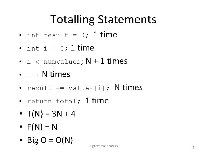 Totalling Statements 1 time • int i = 0; 1 time • i <