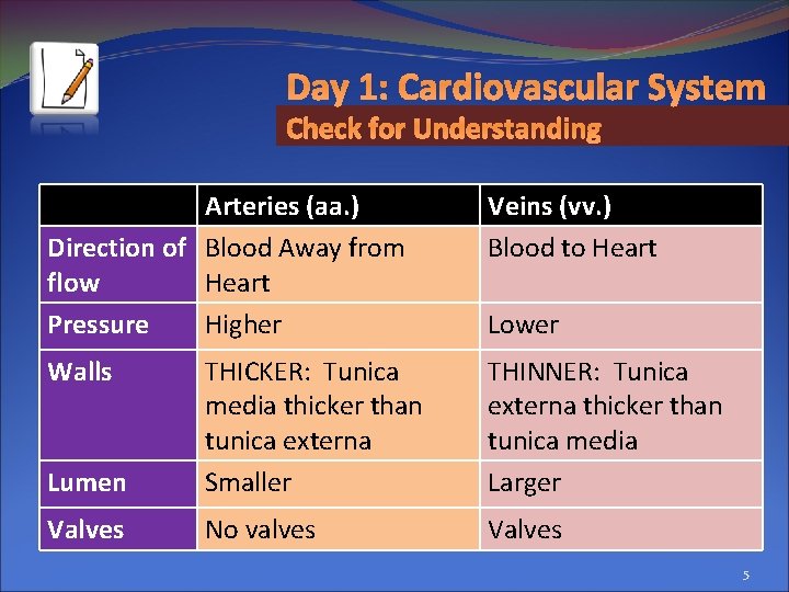 Day 1: Cardiovascular System Check for Understanding Arteries (aa. ) Direction of Blood Away