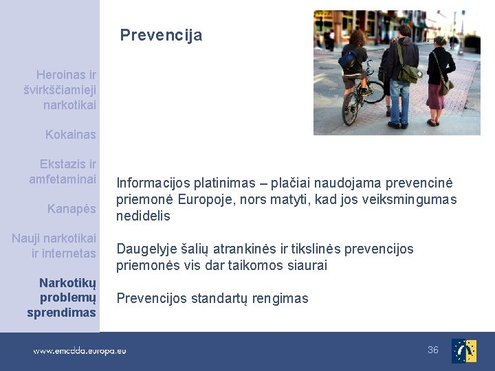 Prevencija Heroinas ir švirkščiamieji narkotikai Kokainas Ekstazis ir amfetaminai Kanapės Nauji narkotikai ir internetas