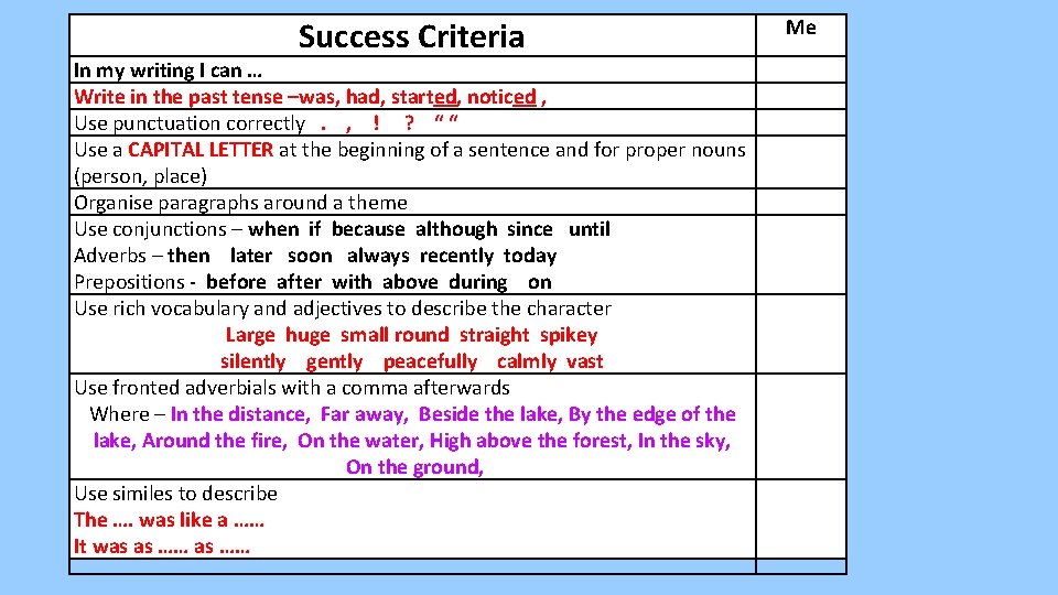 Success Criteria In my writing I can … Write in the past tense –was,