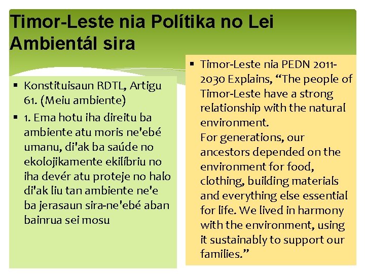 Timor-Leste nia Polítika no Lei Ambientál sira § Konstituisaun RDTL, Artigu 61. (Meiu ambiente)
