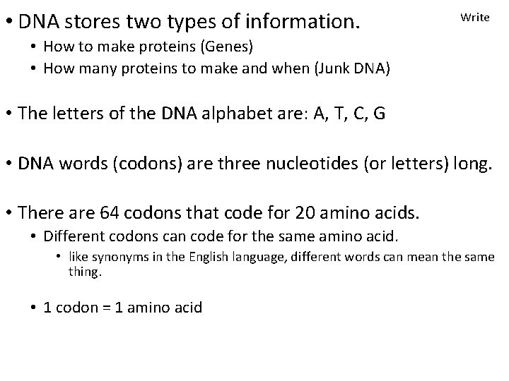  • DNA stores two types of information. Write • How to make proteins