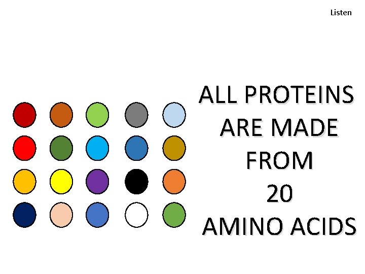 Listen ALL PROTEINS ARE MADE FROM 20 AMINO ACIDS 