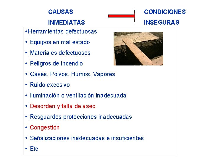 CAUSAS CONDICIONES INMEDIATAS INSEGURAS • Herramientas defectuosas • Equipos en mal estado • Materiales