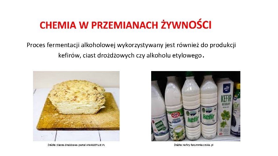 Proces fermentacji alkoholowej wykorzystywany jest również do produkcji kefirów, ciast drożdżowych czy alkoholu etylowego.