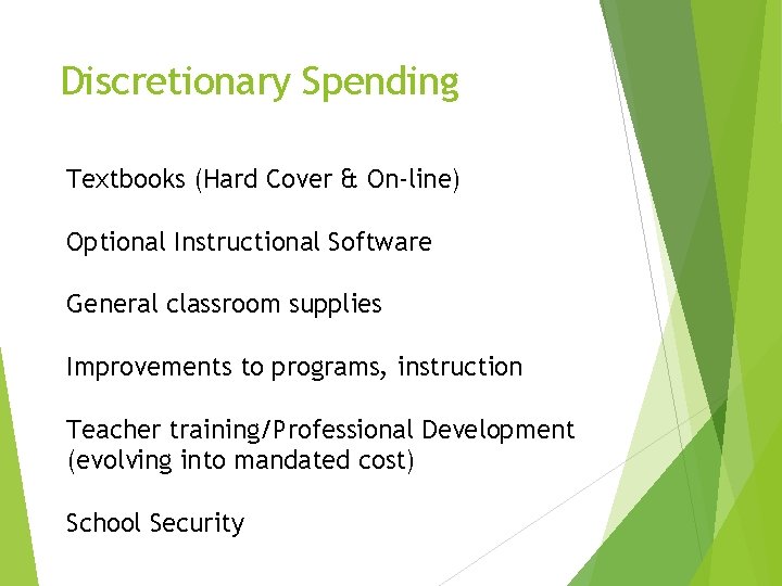 Discretionary Spending Textbooks (Hard Cover & On-line) Optional Instructional Software General classroom supplies Improvements