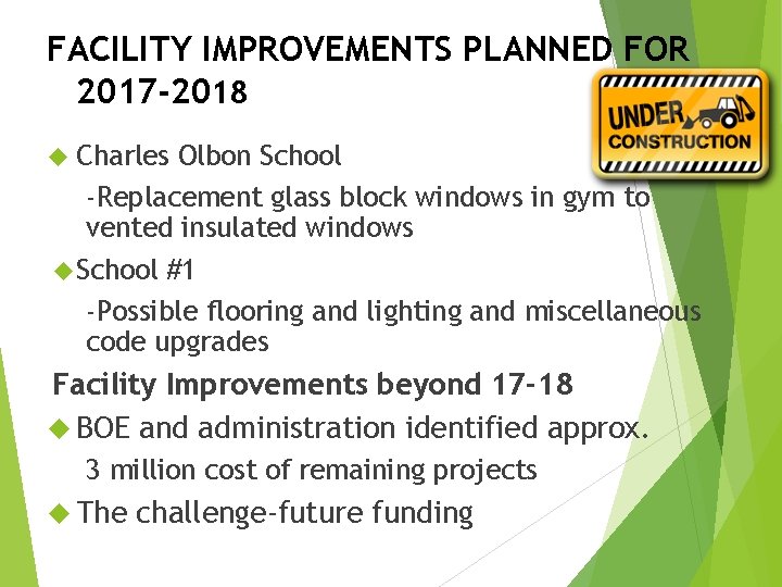 FACILITY IMPROVEMENTS PLANNED FOR 2017 -2018 Charles Olbon School -Replacement glass block windows in