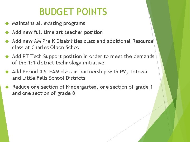 BUDGET POINTS Maintains all existing programs Add new full time art teacher position Add