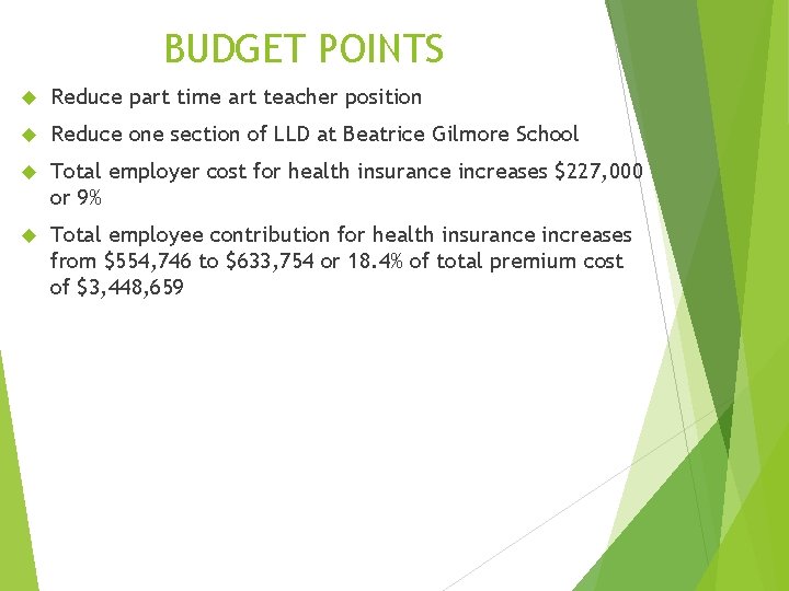 BUDGET POINTS Reduce part time art teacher position Reduce one section of LLD at