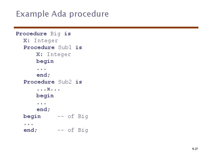 Example Ada procedure Procedure Big is X: Integer Procedure Sub 1 is X: Integer