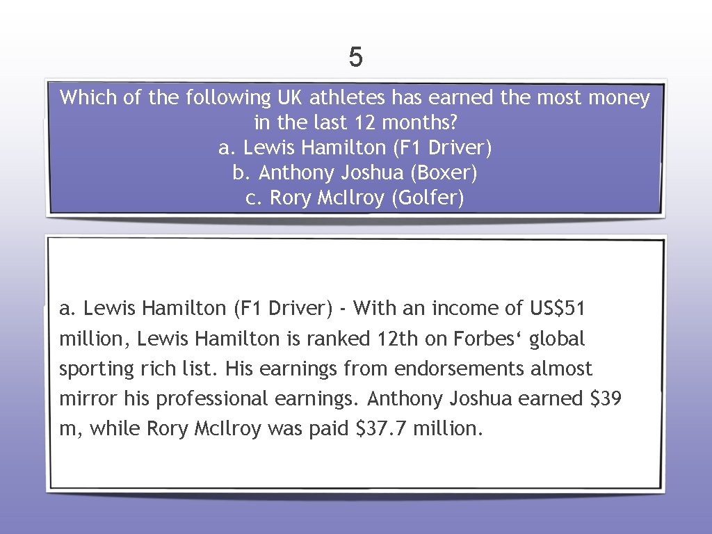 5 Which of the following UK athletes has earned the most money in the