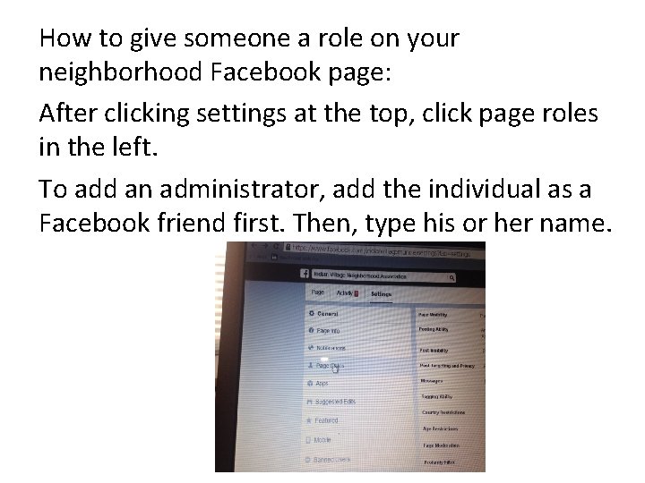 How to give someone a role on your neighborhood Facebook page: After clicking settings